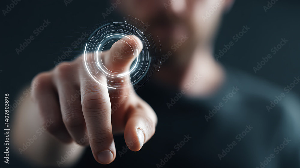 Poster futuristic technology interface activation with human touch conceptual man interacting with digital 