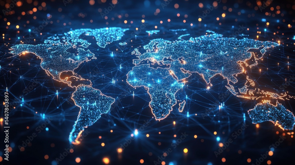 Aufkleber a digital map of the world with glowing lines connecting various points representing global connectivity,stock image