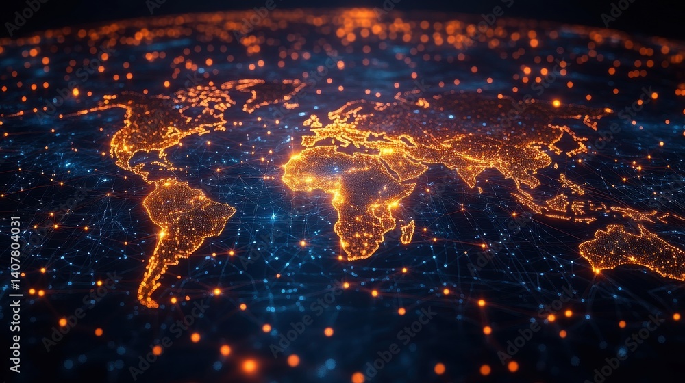 Aufkleber a digital map of the world with glowing lines connecting various points representing global connectivity,stock photo