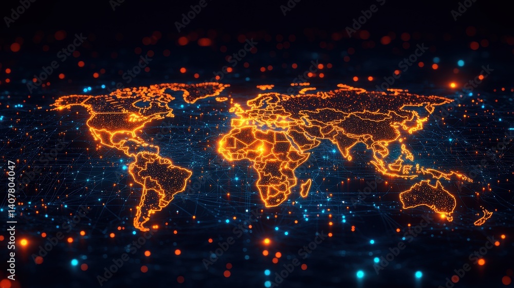 Aufkleber a digital map of the world with glowing lines connecting various points representing global connectivity,photo stock