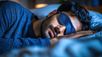 Obraz premium people, bedtime and rest concept - indian man in eye mask sleeping in bed at home at night