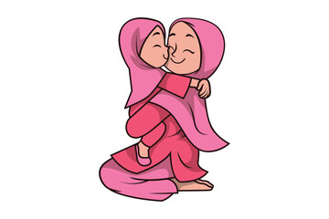 Illustration of Muslim Mother and Son Embracing