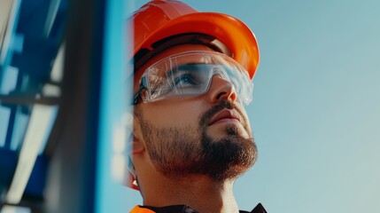 Construction worker wearing a hard hat and safety gear while working. Featuring safety and concentration