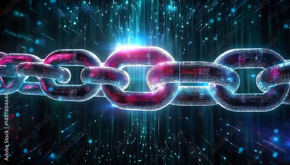 Poster an illustration of a strong chain representing the blockchain technology with encryption and cyberse