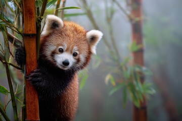 Obraz premium A red panda playfully ascends a bamboo stalk amidst a misty forest, showcasing detailed fur and a vibrant expression, perfect for wildlife themes.