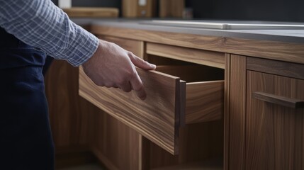 Carpenter creating a custom wooden cabinet for a kitchen. Featuring bespoke design and craftsmanship