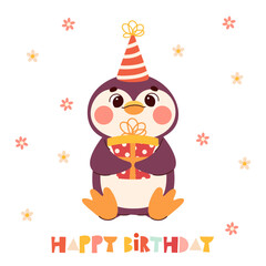 Cute animal Happy birthday vector card. Cartoon penguin with party hats, gifts, balloons and confetti. Fun and colorful celebration clipart for kids, greeting cards, invitations, and scrapbooking.