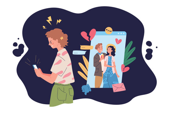 Jealous girl. Young woman or envy girl look in social media smartphone screen to friends online real life, jealousy partner infidelity boyfriend heartbreak love vector illustration