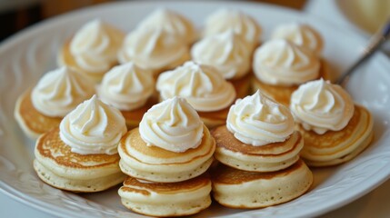 Fluffy Mini Pancakes with Creamy Whipped Topping Arranged Elegantly on a Plate for a Delicious Breakfast or Dessert Experience