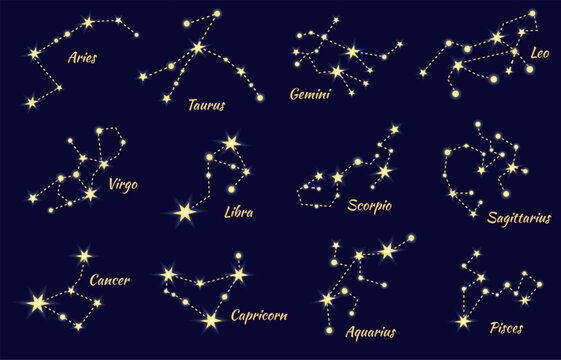 Zodiac star constellations. Sky stars map horoscope astrology astronomy night celestial symbols, aries virgo scorpio libra aquarius sagittarius capricorn neat vector illustration