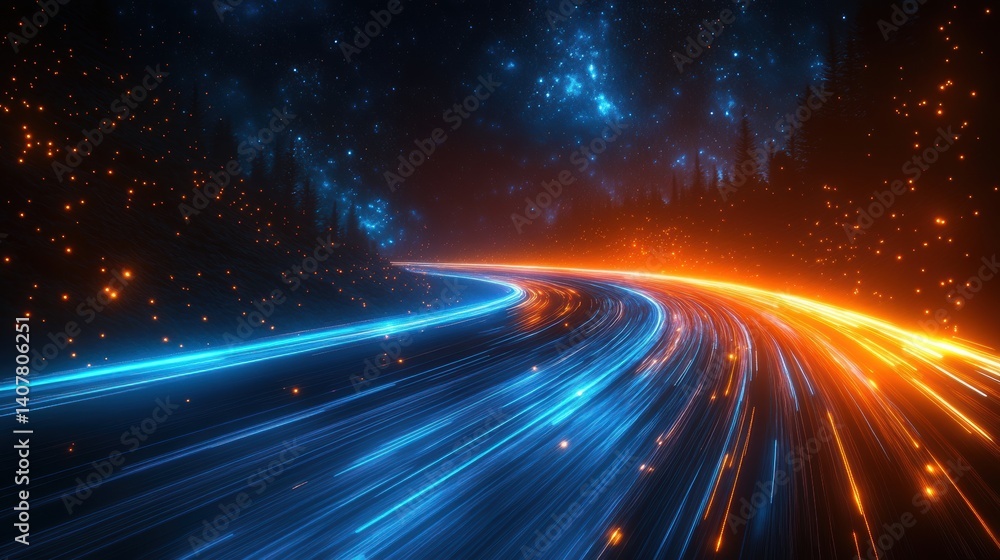 Poster a futuristic dark blue background with blurred lines and streaks of light this design suggests speed