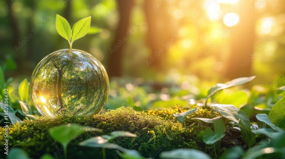 Poster a glass earth globe sits on a bed of moss with a new green sprout growing from the top surrounded by