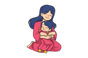 Illustration of Chinese Mother and Daughter Embracing