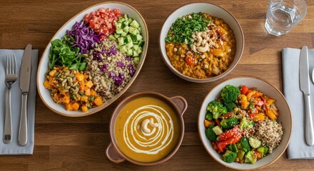 Colorful Vegetarian Bowls With Grains And Vegetables On A Wooden Surface