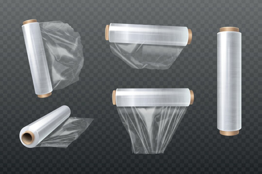 Cling film. Pvc stretch wrap roll, transparent foil plastic polyethylene coil for clinging food packaging, kitchen tool cellophane clear paper realistic exact vector illustration