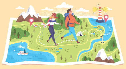 Obraz premium Hikers route. Couple hikers walk on map, hike expedition mountain trail road guide explore nature landscape travel journey trekking trip tourist path, classy vector illustration