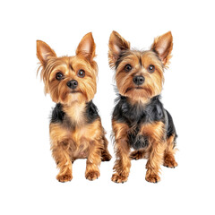 Two Adorable Yorkshire Terriers Sitting Together, Studio Shot