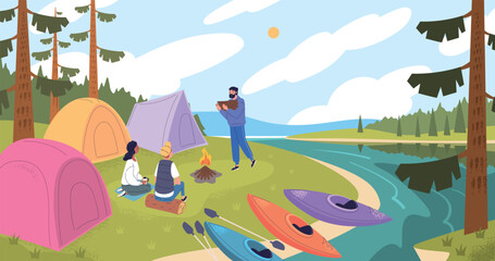 People kayak camping. Man woman rest after river rafting, camping scene summer day campsite campfire tents boats water sport adventure action vacation classy vector illustration