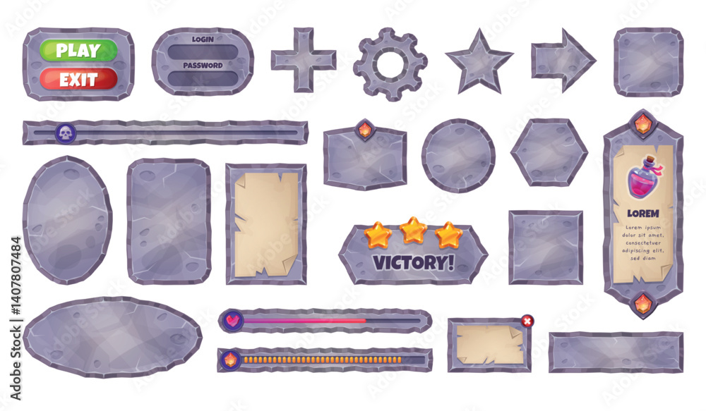 Poster stone game interface. square circle rocks ui tablets buttons, stones texture menu frame gui board me