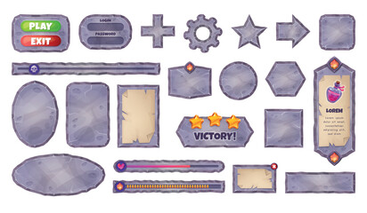 Stone game interface. Square circle rocks ui tablets buttons, stones texture menu frame gui board medieval rpg fantasy game app 2d cartoon rock plate set swanky vector illustration