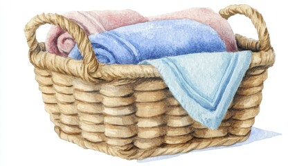 Obraz premium Wicker Basket with Pink and Blue Folded Towels Watercolor Painting