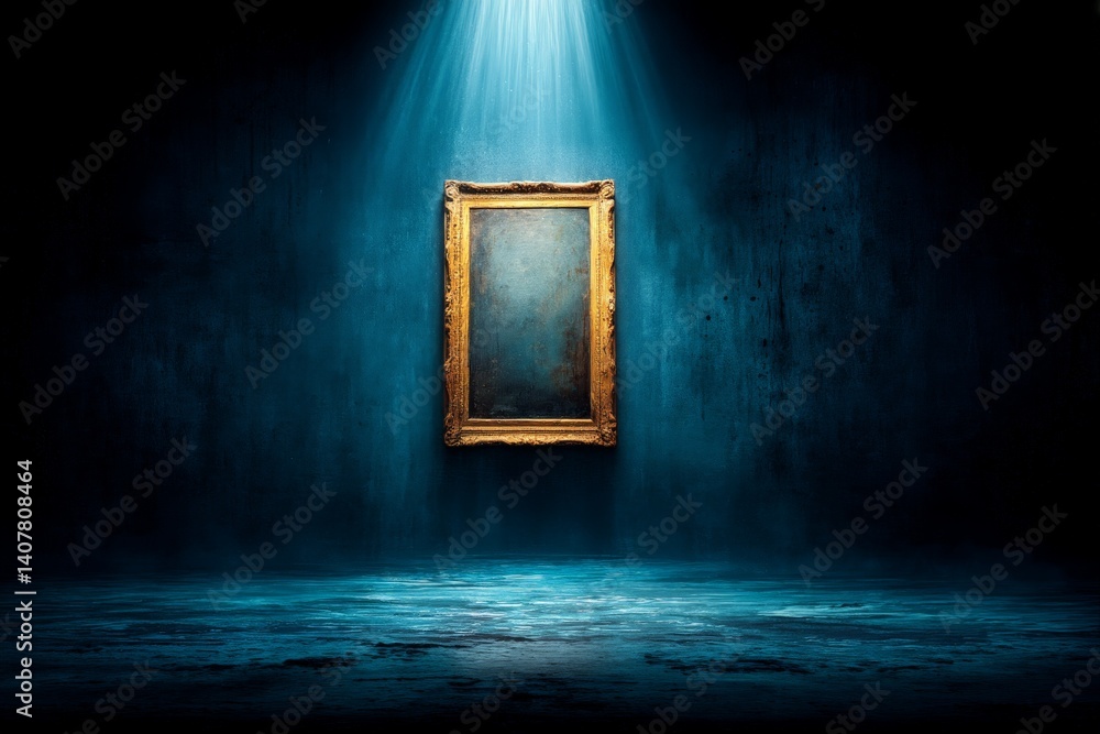 Poster mysterious golden frame illuminated in a dark, foggy room with ambient light creating an enigmatic a