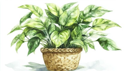 Fototapeta premium Watercolor Painting of Green Leaf Plant in Woven Basket Pot on White Background