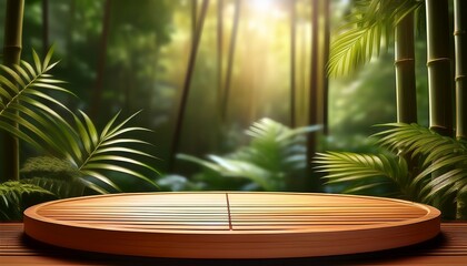Obraz premium bamboo podium in serene tropical rainforest with glowing warm lighting for product display and copy space