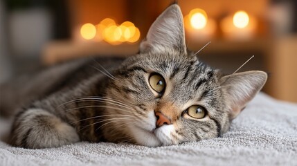 Cat relaxes with acupuncture needles on a soft towel, candles glow softly in the background