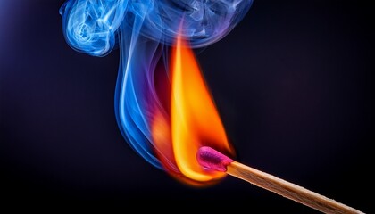 colorful flame dancing from a wooden matchstick against a dark background