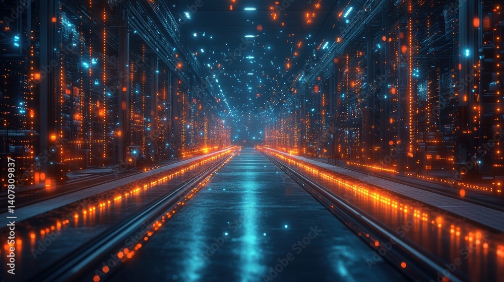 Poster a holographic projection of a supply chain network diagram in a logistics center business dynamic and dramatic compositions with copy space,stock photo