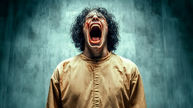 Madman wearing straitjacket screaming with blood on face and clothes