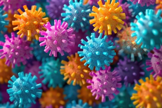 Three-Dimensional Illustration of Common Cold Virus Structure with Colorful Surface Spikes