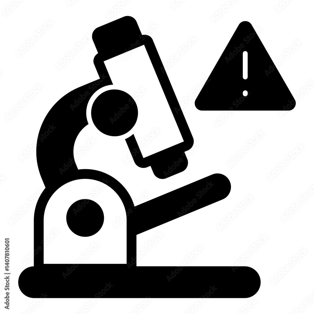 Poster microscope with warning solid icon, analysis concept. vector graphics. laboratory test, warning sign