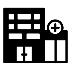 Fototapeta premium Hospital buildings with garage concept. Vector graphics. medical clinic concept. Vector graphics. Garage for ambulance car, parking sign on white background, glyph style mobile or design.