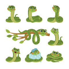Obraz premium Set of cute cartoon embarrassed snakes characters in different poses, isolated vector illustration