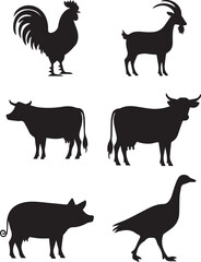 Fototapeta premium Farm animals black silhouettes on white background. Farm animals. Vector illustration