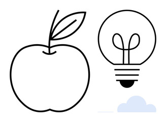 Minimalistic apple and leaf next to a light bulb with cloud, symbolizing creativity, learning, nature, and ideas. Ideal for education, innovation, sustainability, health simplicity growth flat