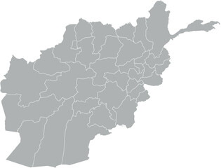 A vector map of Afghanistan showcasing the country’s outline with its administrative regions. The regions are filled in shades of gray, with borders defined by white lines. The minimalist design