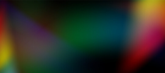 Blurred rainbow refraction overlay effect. Light lens prism effect on black background. Holographic reflection, crystal flare leak shadow overlay. Vector abstract illustration.