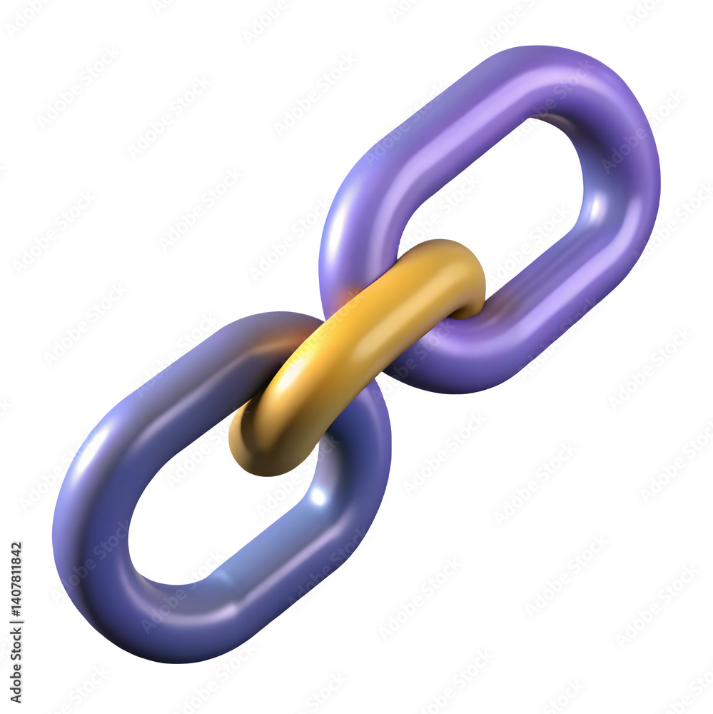 Poster purple and gold chain links 3d icon transparent background - connection and security symbol