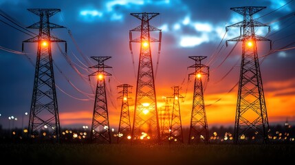 Fototapeta premium Electric Towers at Sunset: A Stunning Display of Power and Nature's Beauty