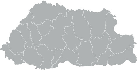 A vector map of Bhutan with administrative regions in shades of gray and white borders. Minimalist design with a transparent background, ideal for design, education, or cartography.

