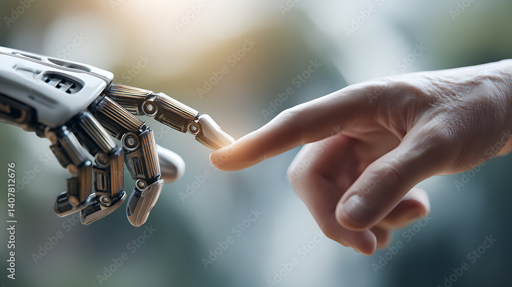 Poster human and robot hands touching partnership technology future artificial intelligence connection of i