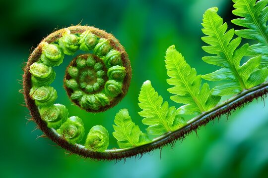 Close-up of fern leaf unfurling vibrant green