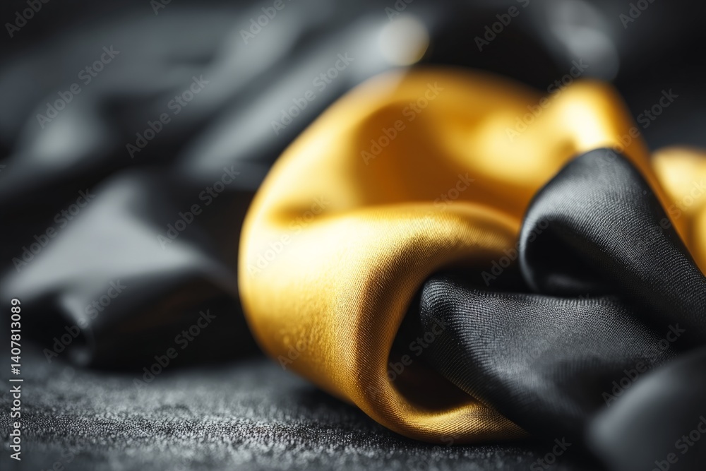 Poster elegant silk fabric in black and gold draped on a textured surface creating a luxurious visual appea