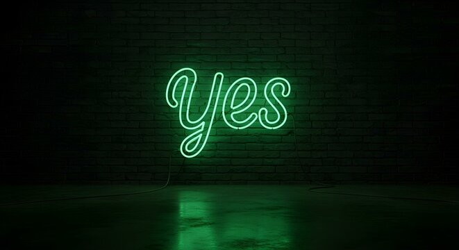 A vibrant neon sign spelling "Yes" shines brightly against a textured brick wall, perfect for affirmation.