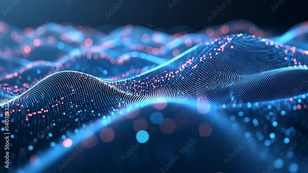 Poster abstract data waves visualization with blue and pink dots on dark background