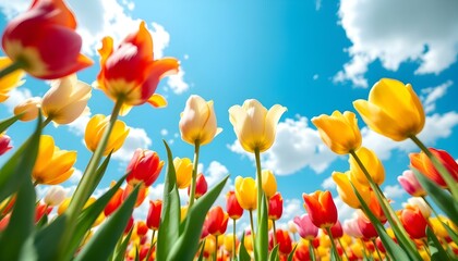 Obraz premium Vibrant tulips blooming under a bright blue sky, offering a burst of color and beauty.