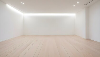 Fototapeta premium A pristine, empty interior featuring light wood floors and white walls, illuminated by ambient lighting.